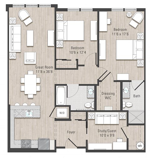 Floor plan for 2 beds, 2 baths, 1255 sqft